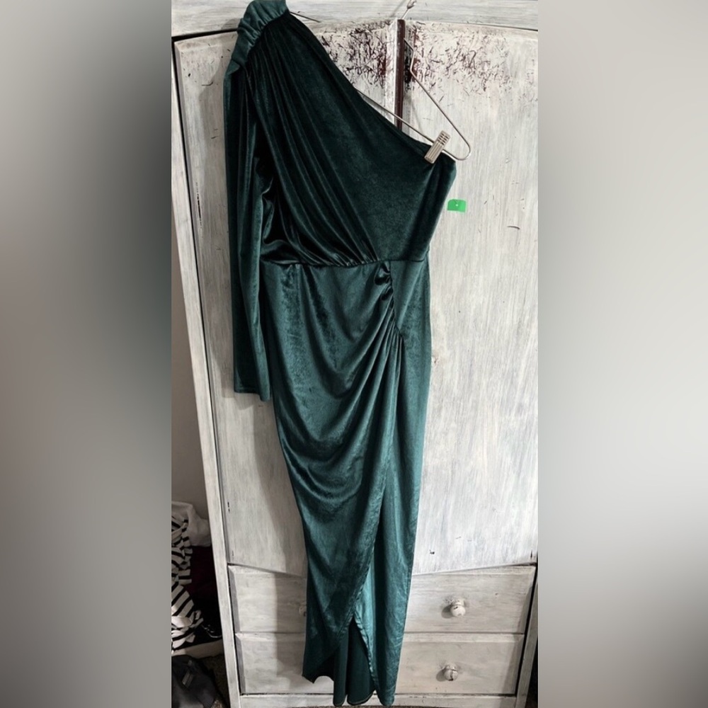 One Sleeve Velour Maxi Slit Dress Vintage Y2K Sexy Party Green Sm
